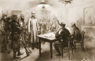 „Ustavení armádního sboru z ramenních popruhů“: Zajatý německý důstojník, který je vyšetřován členy francouzského generálního štábu, z „The Illustrated War News“ od Georges Bertin Scott